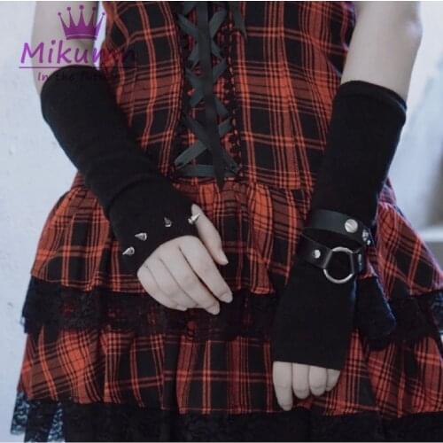 Gothic Punk Black Rivet Leather Buckle Long Fingerless Gloves Women