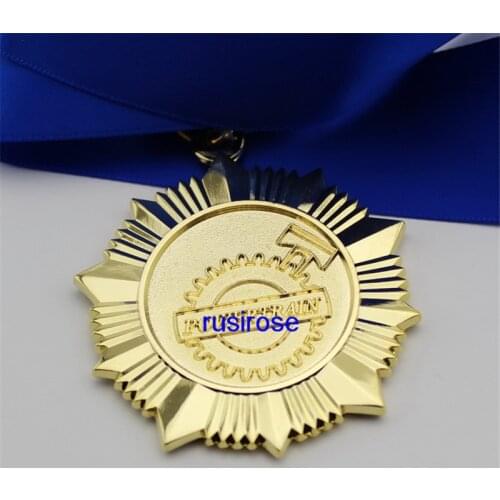 Personalized gold metal LOGO medal commemorative medal custom, with sky blue ribbon