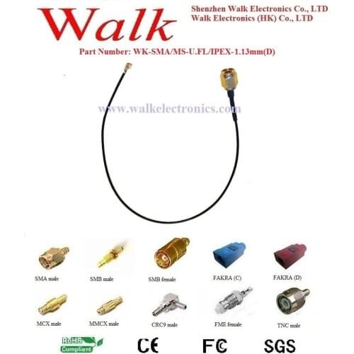 RF cable assembly: SMA male straight to U.FL/IPEX female right angle with 1.13mm(D) cable