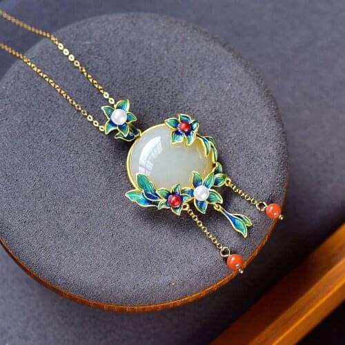 Jinlan Chinese Style Burnt Blue Vintage S925 Silver Plated Hotian Jade Pendant Sweater Chain Jade Pendant Female Elegant Necklac