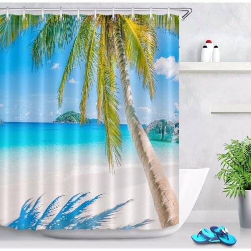 72'' Beach & Coconut Tree Shower Curtain Nature Landscape Bathroom Waterproof Washable Polyester Fabric for Bathtub Decor