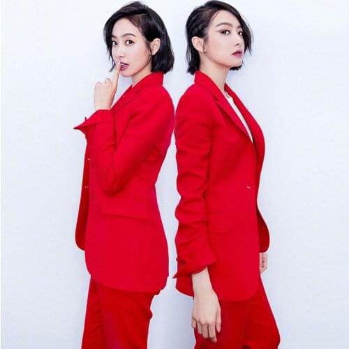 Paris Girl Women Office Lady Two Pieces Sets Solid Red Elegant Single Breasted Turn-Down Collar Blazers And Full Length Trousers