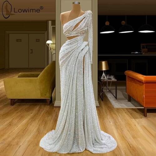 Illusion Cut-Out Ruched One Long Sleeve Mermaid Evening Dresses Muslim Middle East Robe De Soiree Prom Party Gowns