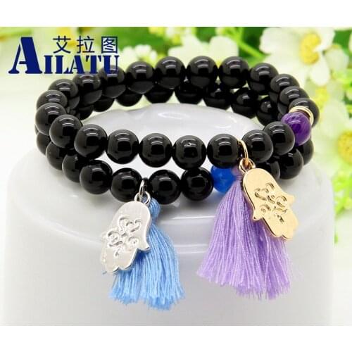 Ailatu New Design Wholesale 10pcs/lot 8mm Black Onyx Stone Besds Blue and Purple Tassel Hamsa Fatima Hand Couple Bracelet
