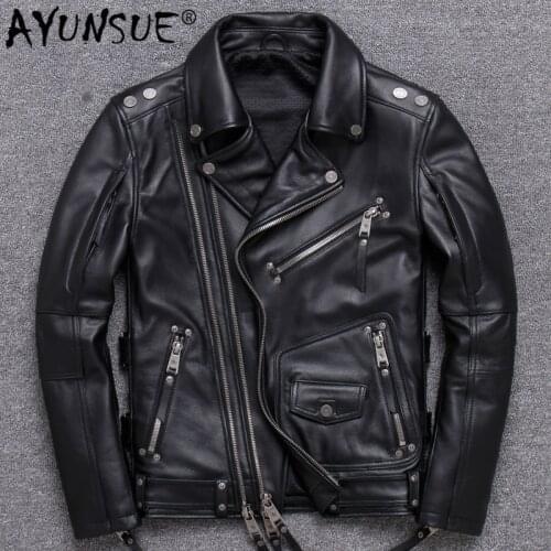 AYUNSUE Mens Genuine Leather Jacket Spring Autumn Cow Leather Coat Biker Motorcycle Jacket Men Plus Size 2020 V-Y008 KJ4035