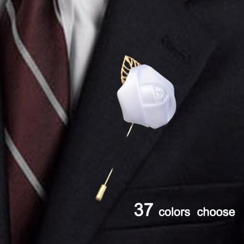 White Brooch Flower For Best Man Wedding Groom Gold Leaf Buttonhole Groomsmen Silk Rose Brooch Party Corsage Gold Pin X1379-2