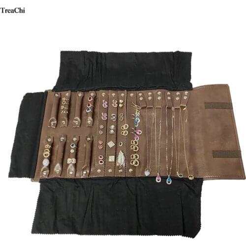 Brown PU Jewelry Storage Travel Roll Bag Necklace Chain Organizer Display Pouch Bracelet Ring Earring Packaging Travel Roll Bag