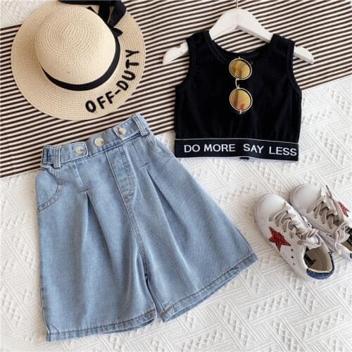 Fashion Girls Summer Sleeveless Letter Tops Vest Denim Short Pants Toddler Kids Children Clothes Sets 2pcs 2-8Y