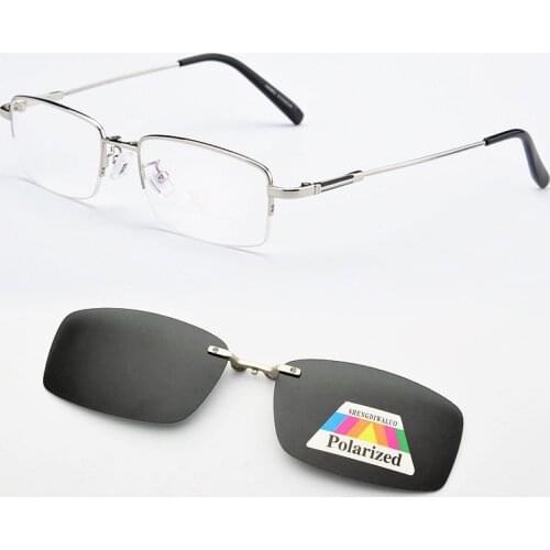 Polarized Magnetic Sleeve Mirror Mens Myopia Magnet Sunglasses Adsorption Clip On Glasses Frame Square Silver Thin Temples
