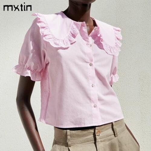 MXTIN 2021 Women Summer Fashion Solid Embroidery Ruffles Blouses Vintage Lapel Collar Short Sleeve Female Shirts Chic Tops