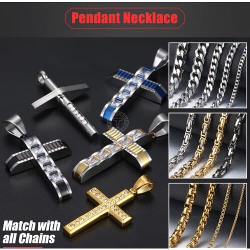 Davieslee 12 Styles Stainless Steel Cross Pendant for Men Carved Gold Black Silver Color Paved w Clear Rhinetones DLKPP2