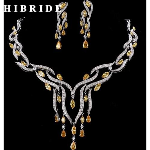 HIBRIDE Luxury 5 Colors CZ Stone Tassel Necklace Earrings Sets Women Bridal Jewelry Set Wedding Gifts For Female N-185
