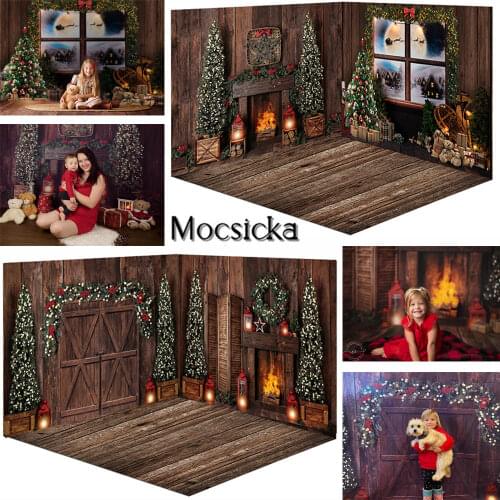 Christmas Fireplace Backdrop Photography Christmas Tree Vintage Rustic Wood Wall Xmas Photo Background Windows Winter Photocall