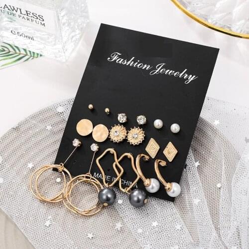 9 pairs/set fashion simulated pearl crystal rhinestone stud earrings set for women girl punk metal geometric statement earrings