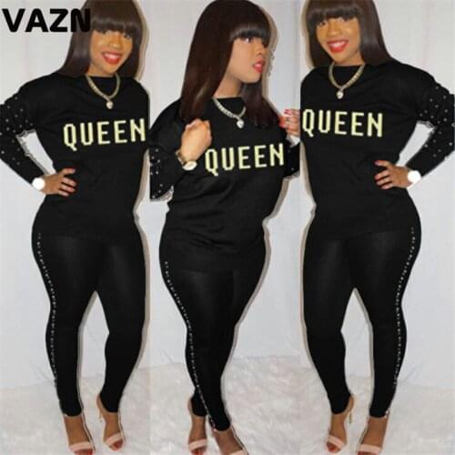 VAZN GHGL1856 Autumn 7Colors O-neck Sport Wind Letter Sexy 2019 Set Long Sleeve Long Pant 2 Piece Sets Casual Sets