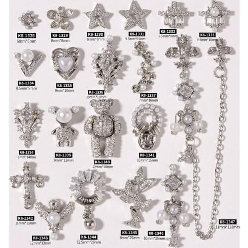 Silver Zircon Nail Art Rhinestones 3D Bear Butterfly Flower Cross Tassel Chain Pearls Nail Decorations Jewelry DIY Accessories