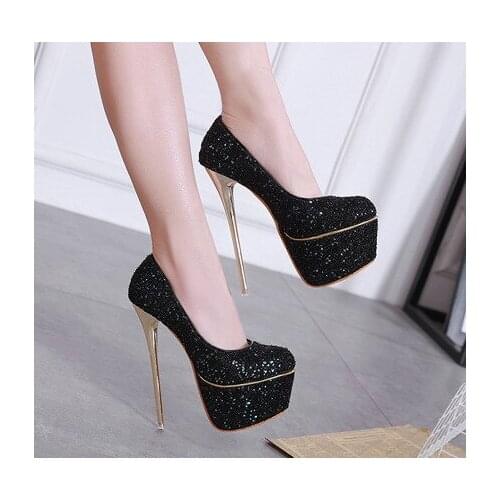 Women Pumps America Sexy Platform Shoes Summer New Ultra High Heels 16CM Sequins Silver Wedding Shoes Women Model Catwalk Shoes