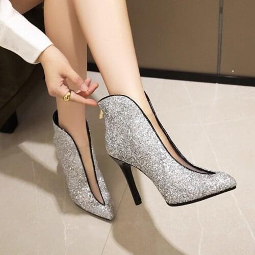 Slim pointed high heel sequins short boots gold sequins boots silver sequins slim heels boots large 44-48