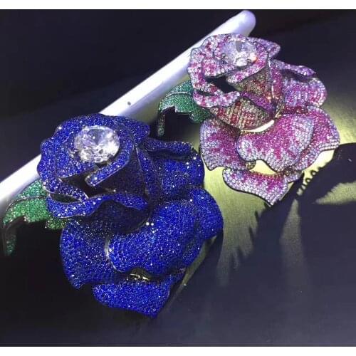 Blue Rose Flower brooch pins 925 sterling silver with cubic zircon big flower brooch for coat exaggerate fashion women jewelry