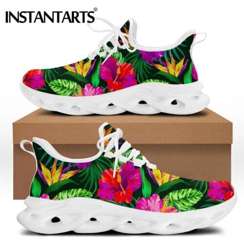 INSTANTARTS Tropical Hawaiian Hibiscus Floral Print Women Lace-up Flats Sneaker Lightweight Footwear Tenis Feminino Female Shoes