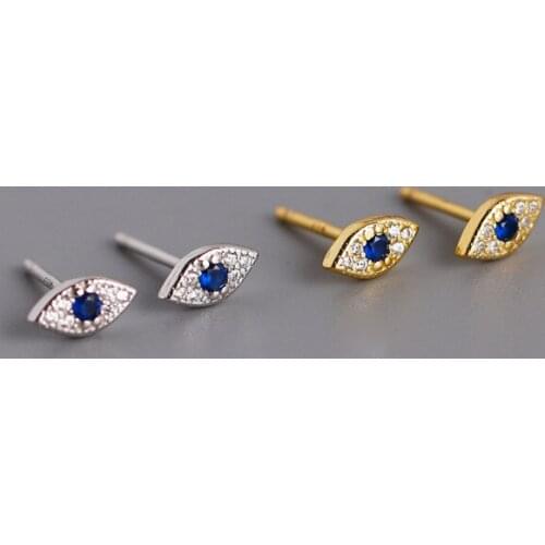 Enosola Genuine 100% Sterling Silver Pave Blue Zircon Demon Eyes Stud Earrings for Women Fashion Bihemian Evil Eye Jewelry Gift