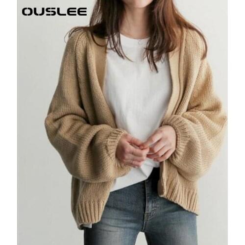 OUSLEE Womens Sweaters Cardigans Autumn Winter Casual Solid V-Neck Open Stitch Loose Sweater Jacket Female Knit Coat Khaki Black