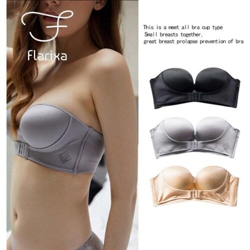 Flarixa Ladies Sexy Strapless Non Slip Underwear Invisible Front Buckle No Steel Ring Push up Gather Bra Seamless Bra ABC Cup