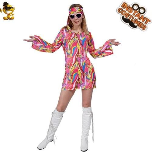 Halloween Women 60s 70s Hippie Cosplay Costume Carnival Fancy Dress Adult Flower Disco Dress Party Family Happy Outfits Suits