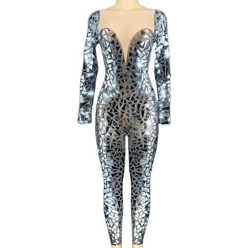 Ladies Dance Costume Backless Long Sleeve Playsuits Mirror Sequins Jumpsuits Bar Show Nightclub Costume Stage Outfit Dance Wear