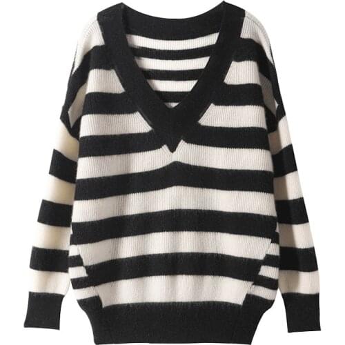 SHUCHAN Striped SWEATER WOMEN V-Neck 30% Cashmere 70% Wool Loose Womens Knit Pullover Autumn Pullovers Black and White