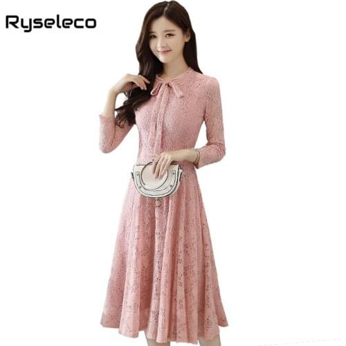 Women Chic Crochet Floral Cutout Black Lace Dress Elegant Sexy Bow Ties Long Sleeve Large Swing Midi Casual Party Flare Vestidos