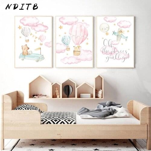 Animal Balloon Airplane Cloud Adventure Cartoon Painting Child Poster Nursery Art Print Wall Picture Nordic Kid Baby Room Decor