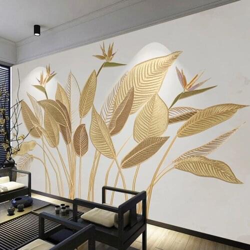 3D Golden Embossed Plant Leaf Creative Wall Mural Painting Modern Bedroom Living Room Sofa TV Background Wall Papers Home Decor