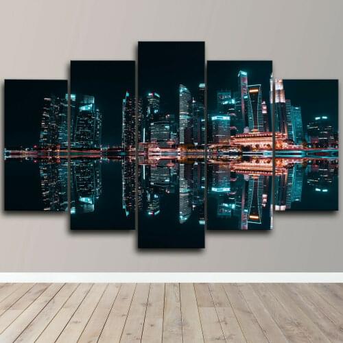 5 Piece Night City Skyscraper Reflect Poster Canvas Picture Print Wall Art Canvas Painting Wall Decor for Living Room No Framed