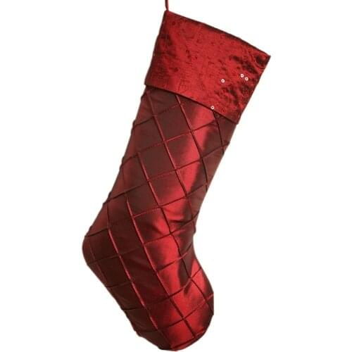 Free Shipping 100% Polyester Faux Silk Sequin Glitter Cuff Diamond Pintuck Body Christmas Stocking P2599-burgundy
