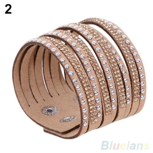 Womens Multilayer Wrap Rivet Rhinestone Suede Cuff Bangle Wristband Bracelet 1VJ7