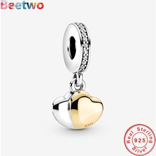 925 Sterling Silver Two-Tone Double Heart Dangle Charm Beads Original Charms Bracelet Bead Women Fashion Jewelry Berloque