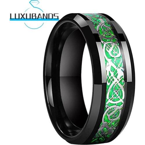 Black Tungsten Carbide Ring For Men Women 8MM Beveled Edges Green Opal Dragon Inlay Polished Finish Comfort Fit