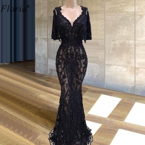 Plus Size Black Lace Prom Dresses Mermaid Illusion Beading Cocktail Dresses Sexy Evening Dresses Women Party Night Robe Longue