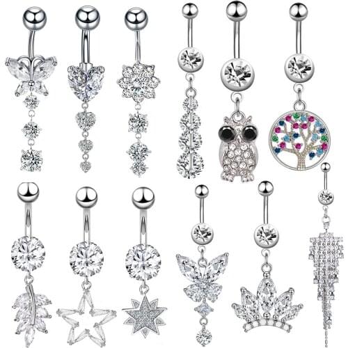 New Fashion Butterfly Stainless Steel Dangle Belly Button Ring Heart-Shaped Owl Zircon Belly Rings Piercing Body Jewelry