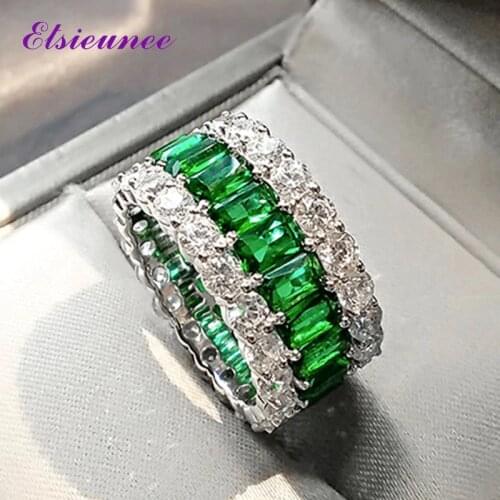 ELSIEUNEE 100% 925 Sterling Silver Created Moissanite Emerald Gemstone Ring for Women Anniversary Cocktail Party Fine Jewelry
