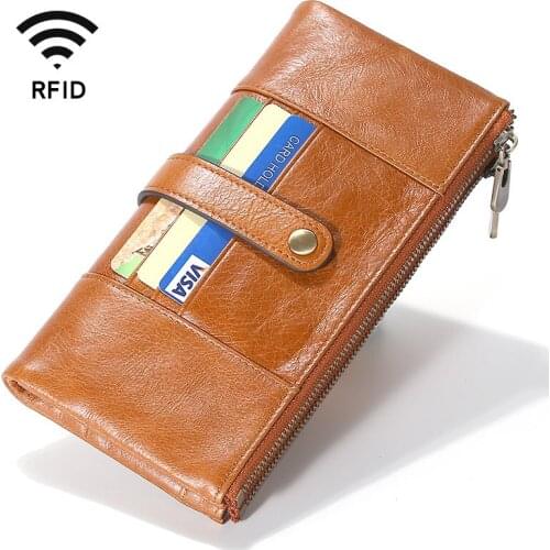 Fashion Genuine Leather Long Wallet Men RFID Double Zipper Wallets Big Bills Purse Cowhide Card Holder Quality Purses