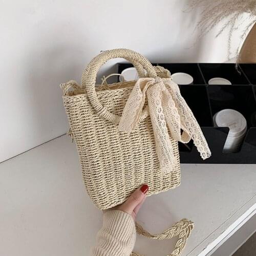 Summer Casual Small Bow Straw Shoulder Bags For Women Fashion Woven Beach Square Top-handle Handbags Ladies Daily Crossbody Bags