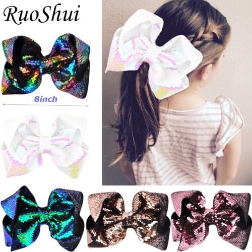 Fashion Kids Colorful 8 Inch Sequin Hair Bows Reversible Mermaid Sequins Hair Clips For Women Girls Handmade Hair Accessories