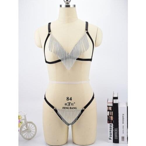 Sexy Crop Tops tassels Harness Body Cage Bralette Rave Metal tassels Bondage Fetish Erotic Gothic Body Harness Cage Bra Thong