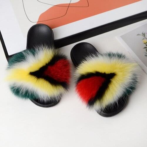 Ladies Comfortable Shoes Womens Fashion Fluffy Fox Fur Slides Female Furry Raccoon Sandals Fur Flip Flops Flat Home Slippes