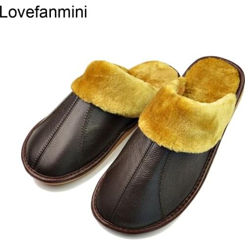 Genuine Cow Leather slippers couple indoor non-slip men women home fashion casual shoes PVC soft soles winter 604