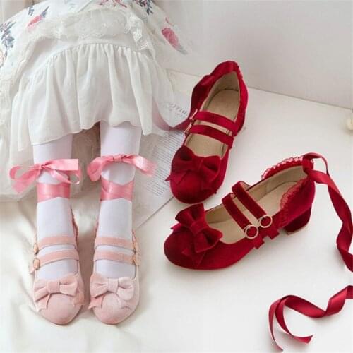 PXELENA JK Fairy Cross tied Gladiator Cosplay Lolita Shoes Mary Janes Butterfly-knot Velvet Med Heels Pumps Girls Princess 34-43