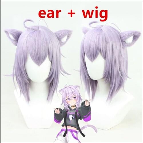 VTuber Nekomata Okayu Wig Ears Hololive Gamers Lilac Straight Short Girls Cosplay Synthetic Hair Holo no Graffiti Role Play