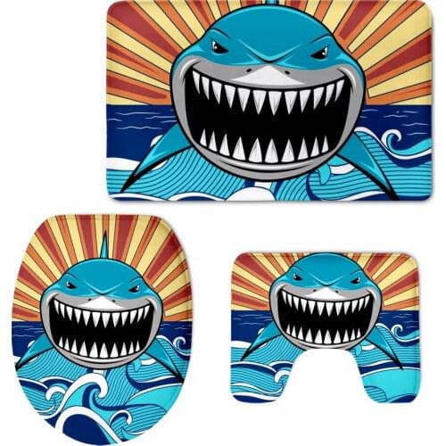 Funny 3D Animal Cartoon Shark Print Toilet Seat Covers for Bathroom Soft Non-slip Washroom Rugs Home Decorative Carpet 3pcs/set
